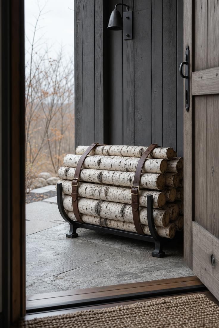 17 Cozy Fall Outdoor Decor Ideas for a Warm Welcome 16 Stack of pale birch logs bundled with leather straps in an iron cradle beside a plank front door in overcast light.