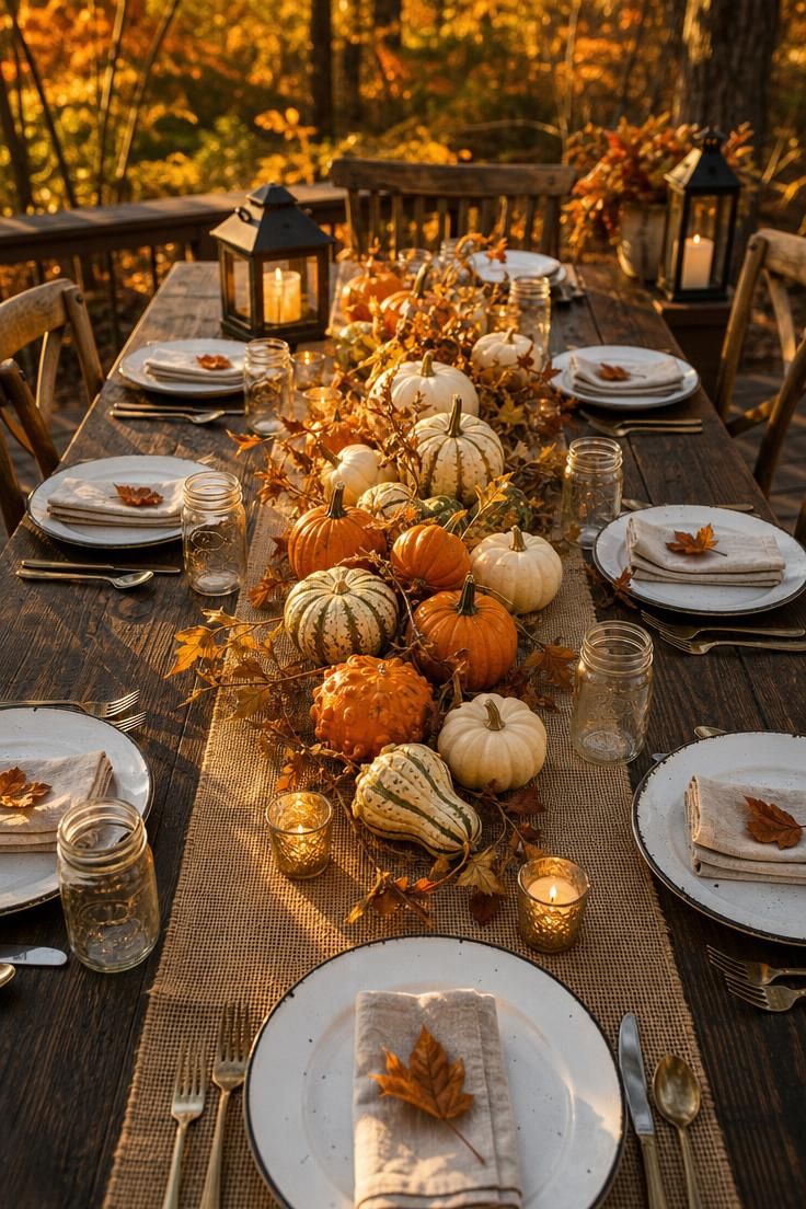 17 Cozy Fall Outdoor Decor Ideas for a Warm Welcome 17 Outdoor wood table set with a burlap runner, white and orange gourds, and enamel plates in warm golden light.