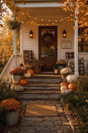 Welcoming farmhouse front porch dressed for autumn with layered pumpkins, potted mums, a grapevine wreath, and string lights in warm golden light.