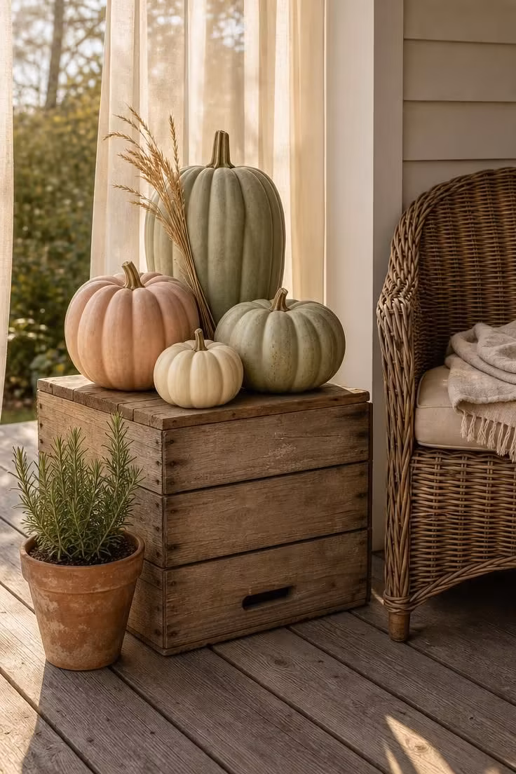 Heirloom pumpkins in sage green and cream stacked on a weathered wood crate beside a wicker patio chair with a linen throw