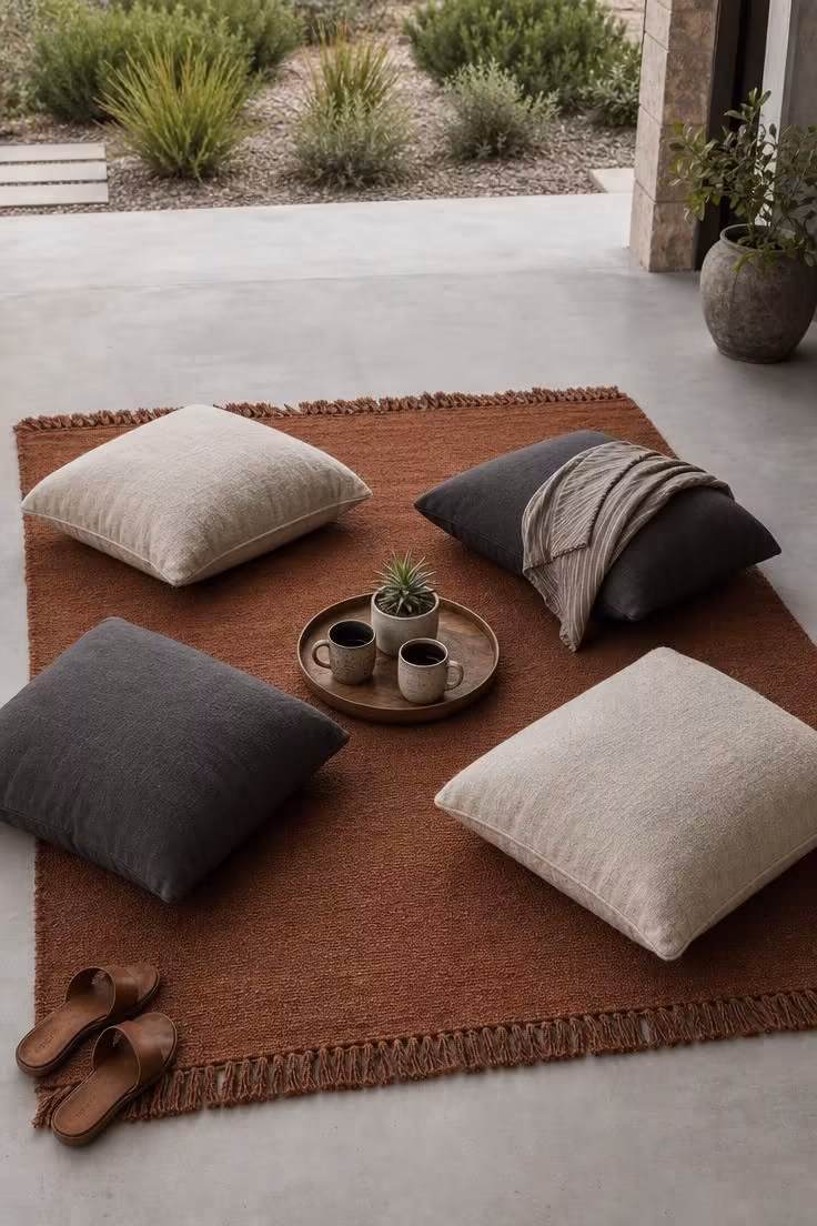Overhead view of a burnt sienna outdoor rug with linen floor cushions in oatmeal and charcoal arranged on a concrete patio