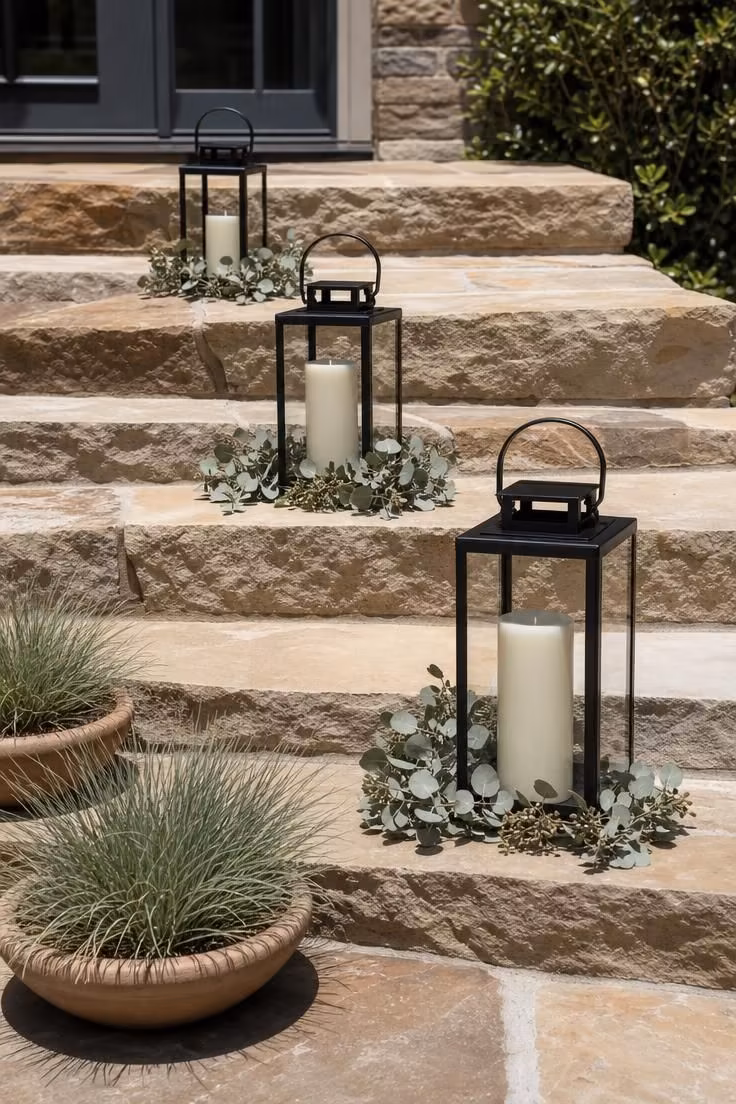 Three matte black lanterns in graduated sizes on flagstone patio steps with dried eucalyptus sprigs and ivory pillars inside