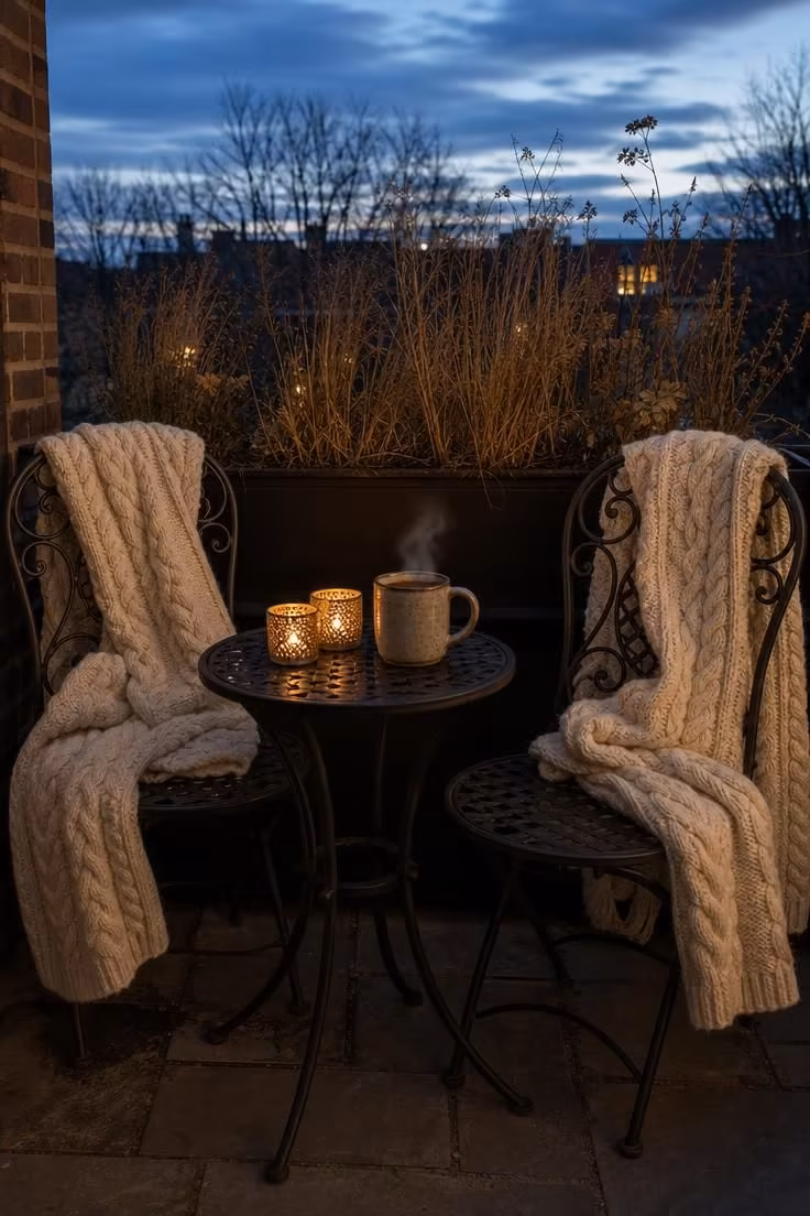 Cream cable-knit throws draped over wrought iron bistro chairs on a small patio with a stoneware mug on a side table at dusk