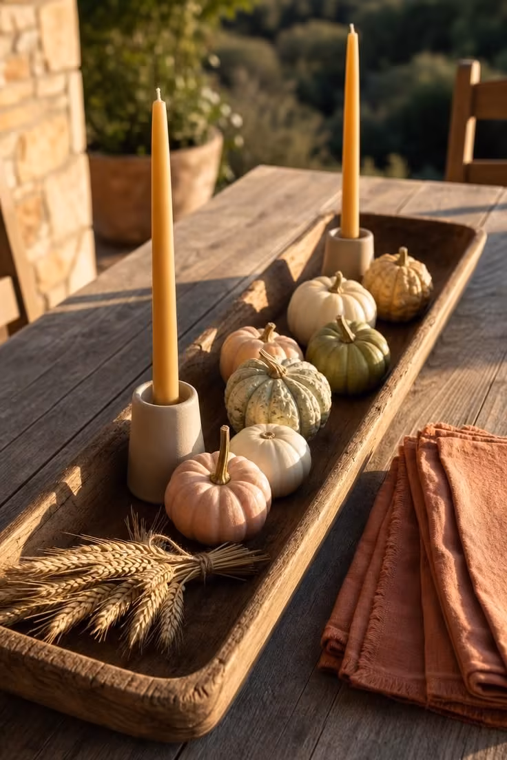 A harvest tray centerpiece on a teak table with beeswax tapers and miniature gourds in sage and blush tones