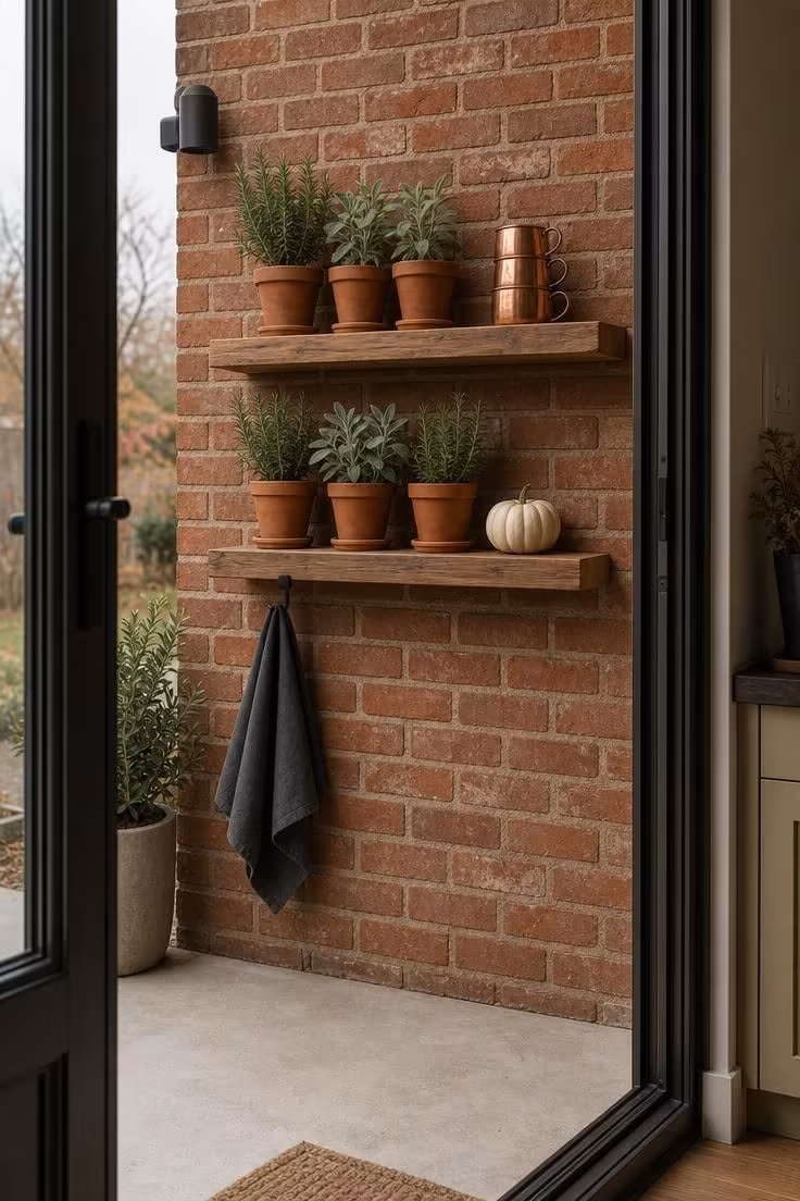 Cedar plank shelves on a brick patio wall with potted herbs in terra cotta, copper mugs, and a white miniature pumpkin