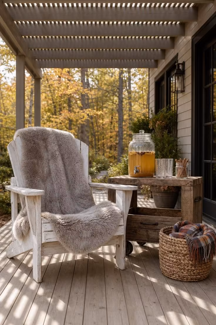 A whitewashed Adirondack chair with a dove faux sheepskin and a wooden cider cart on a light-toned patio deck
