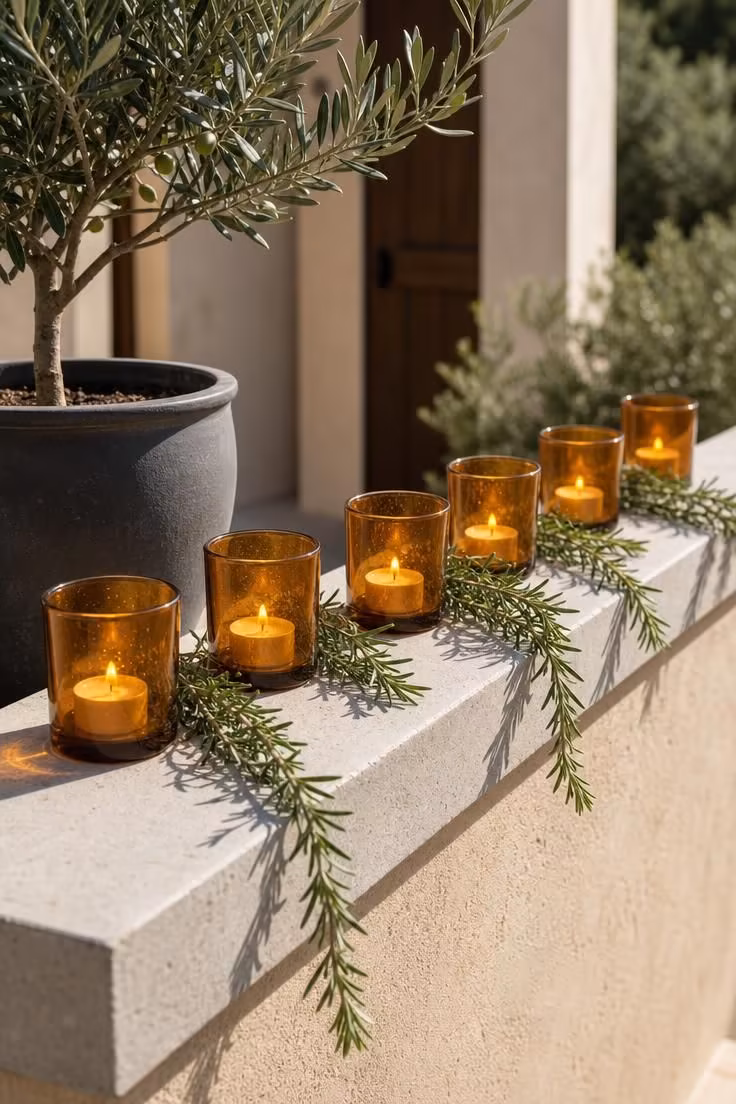 Amber glass votives lined along a concrete patio ledge with trailing rosemary sprigs and bright midday light