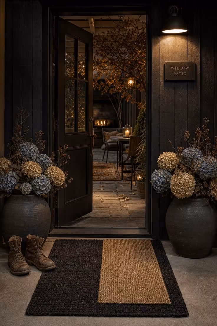 A woven jute runner layered over a charcoal doormat at a patio entrance with a dried hydrangea pot and wall sconce light