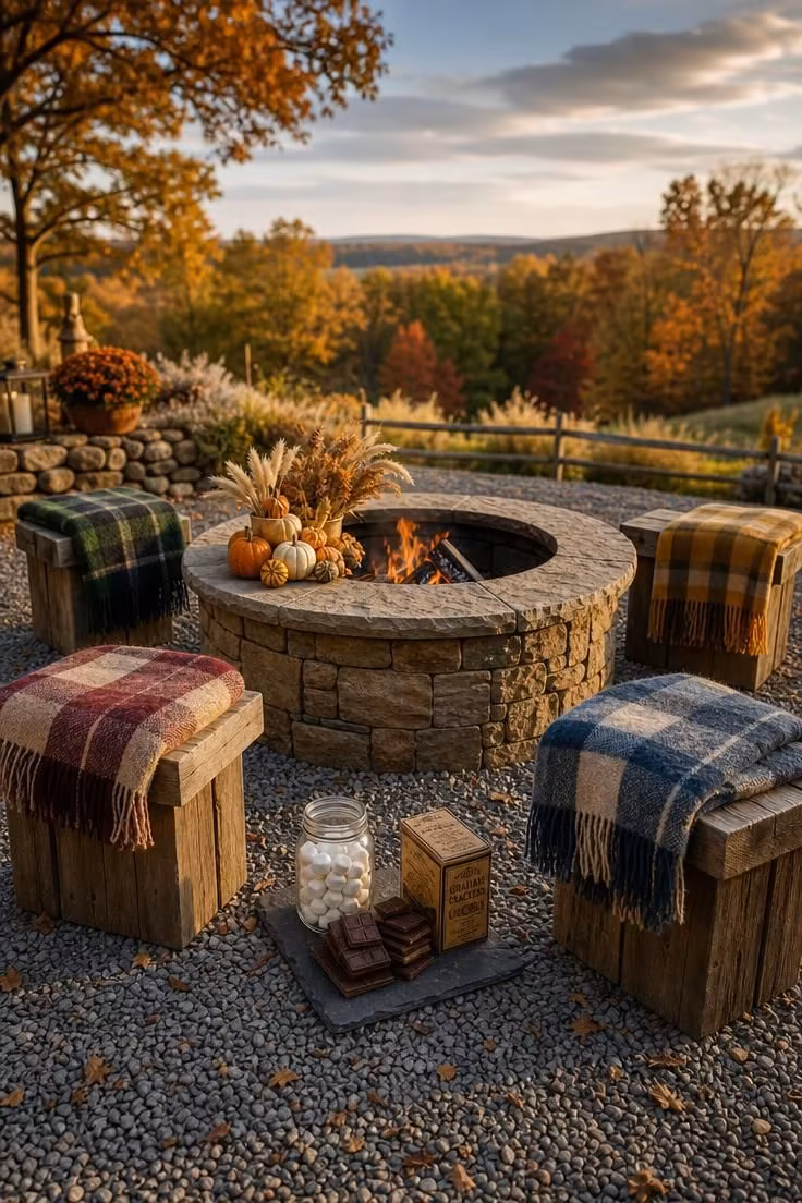 A stone fire pit surrounded by low wooden stools with plaid throws and a s'mores tray on gravel with pumpkin arrangements on the rim