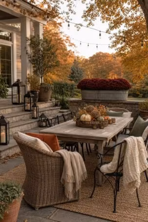 A full fall patio scene with a harvest tray centerpiece on a teak table, matte black lanterns on stone steps, burgundy mums, mixed seating with throws, and a woven rug