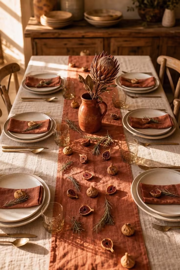 15 Fall Table Decor Ideas That Make Guests Want to Linger 1 A terracotta runner layered over a raw linen tablecloth with scattered dried figs and cream stoneware plates on a wooden dining table.