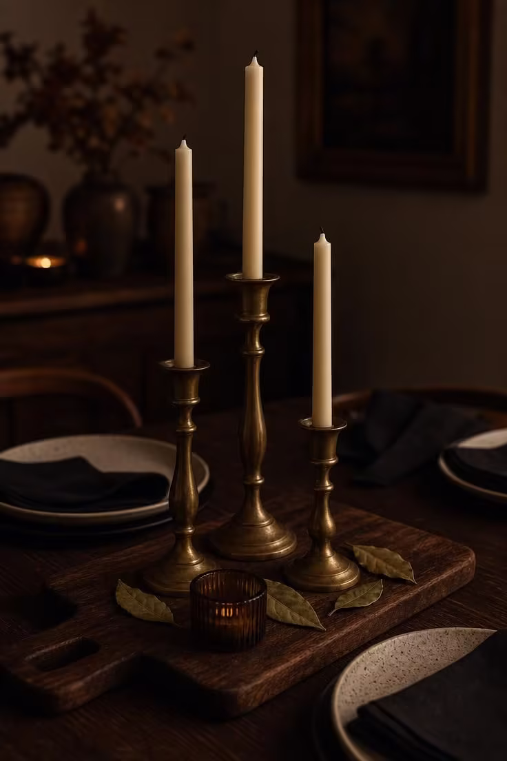 15 Fall Table Decor Ideas That Make Guests Want to Linger 2 Three brass taper candle holders of varying heights on a walnut cutting board surrounded by dried bay leaves on a dark dining table.