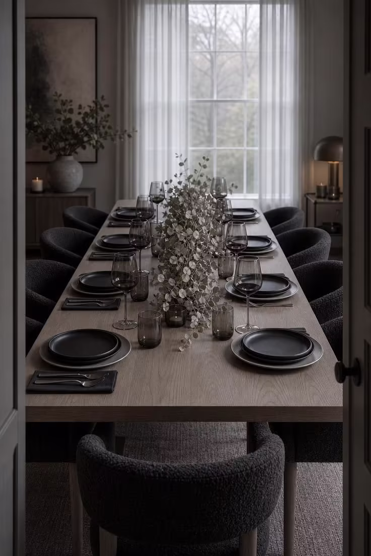 15 Fall Table Decor Ideas That Make Guests Want to Linger 3 A dining table set with matte black stoneware plates and smoke-tinted glassware under cool overcast light with dried eucalyptus centerpiece.