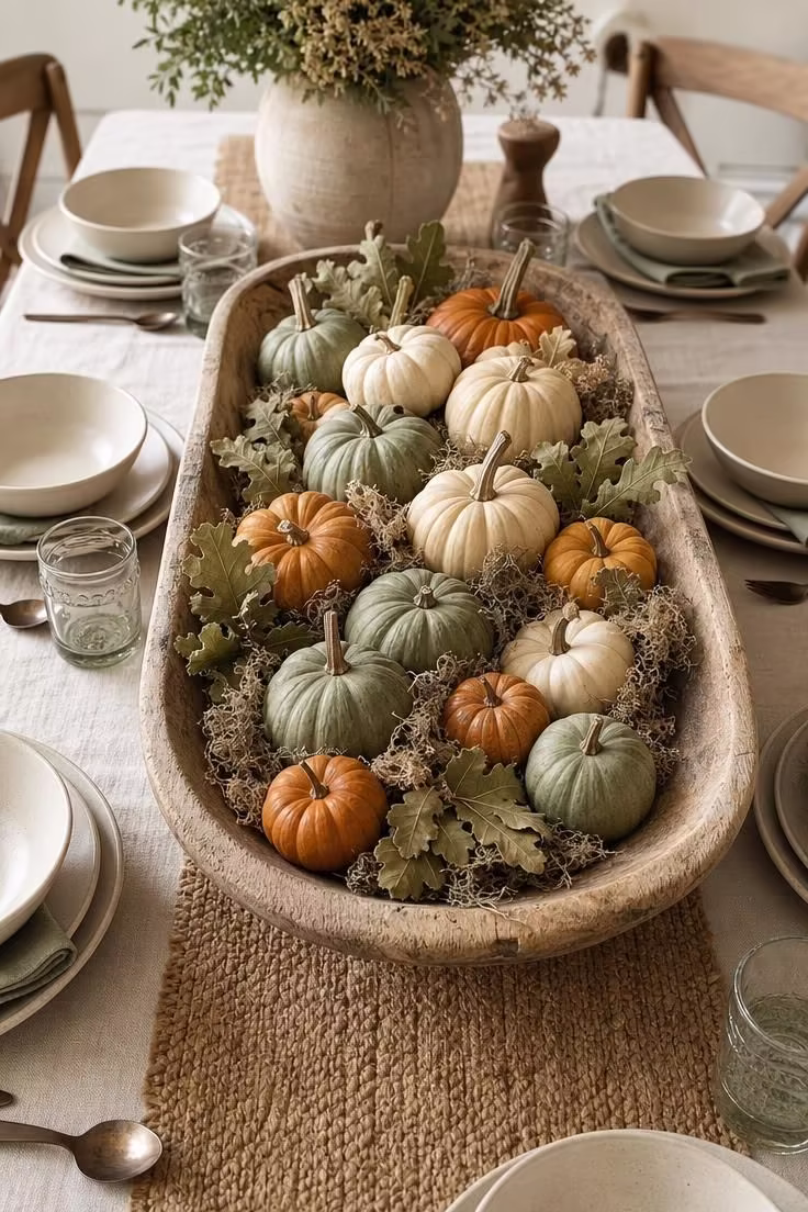 15 Fall Table Decor Ideas That Make Guests Want to Linger 4 A reclaimed wood dough bowl filled with mini pumpkins in cream sage and orange on an oatmeal linen tablecloth for a fall centerpiece.