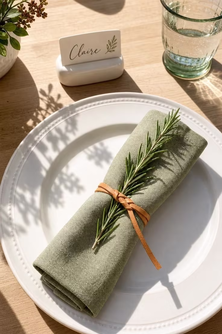 15 Fall Table Decor Ideas That Make Guests Want to Linger 5 A sage green linen napkin rolled and tied with a leather cord and rosemary sprig on a white plate for a fall place setting.