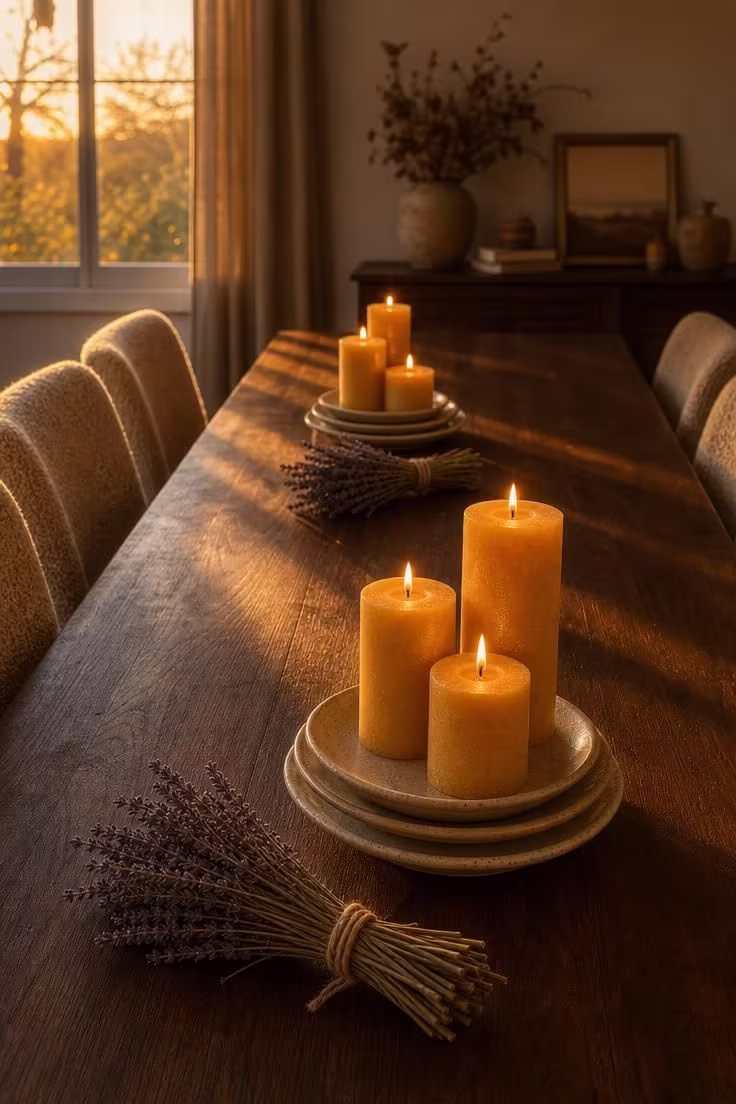15 Fall Table Decor Ideas That Make Guests Want to Linger 6 Beeswax pillar candles in honey tones on stacked ceramic saucers along a dark walnut dining table in warm golden sunset light.