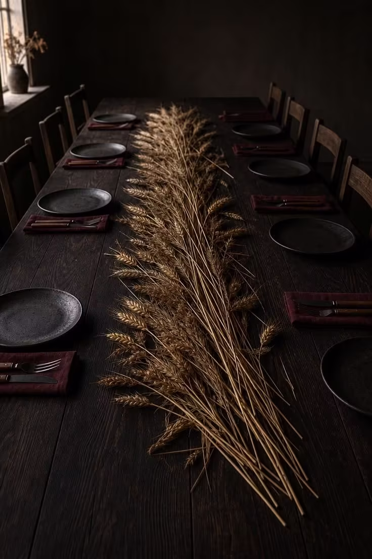 15 Fall Table Decor Ideas That Make Guests Want to Linger 7 Dried wheat stalks fanned across a dark oak dining table with burgundy linen napkins and iron-glazed ceramic plates in moody low light.