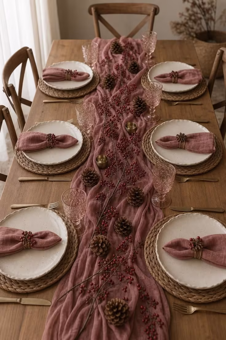 15 Fall Table Decor Ideas That Make Guests Want to Linger 9 A dusty rose gauze table runner with scattered pinecones and cranberry sprigs on a maple dining table set with cream plates and seagrass chargers.