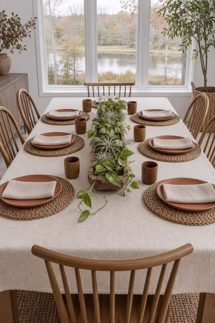 15 Fall Table Decor Ideas That Make Guests Want to Linger 11 Woven rattan placemats on a cream tablecloth with terracotta plates and a low trough planter centerpiece under cool overcast light.