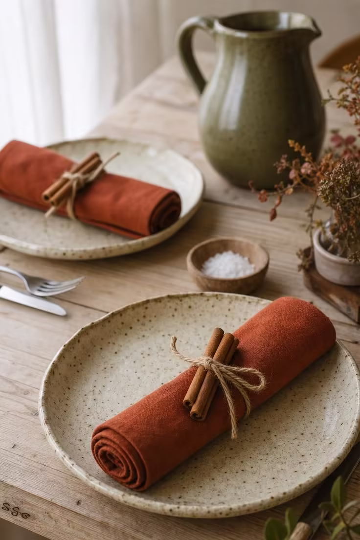 15 Fall Table Decor Ideas That Make Guests Want to Linger 12 Cinnamon stick napkin rings tied with jute twine around rust cotton napkins on speckled pottery plates on a reclaimed pine table.