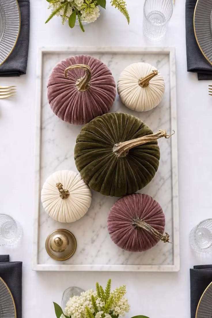 15 Fall Table Decor Ideas That Make Guests Want to Linger 13 Velvet pumpkins in dusty mauve olive and cream grouped on a marble serving tray on a white tablecloth under bright overhead light.