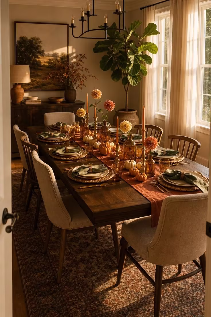 Simple Spaces 17 A beautifully styled fall dining table with terracotta runner, brass candles, amber glass bottles, and cream stoneware set for eight in warm golden afternoon light.