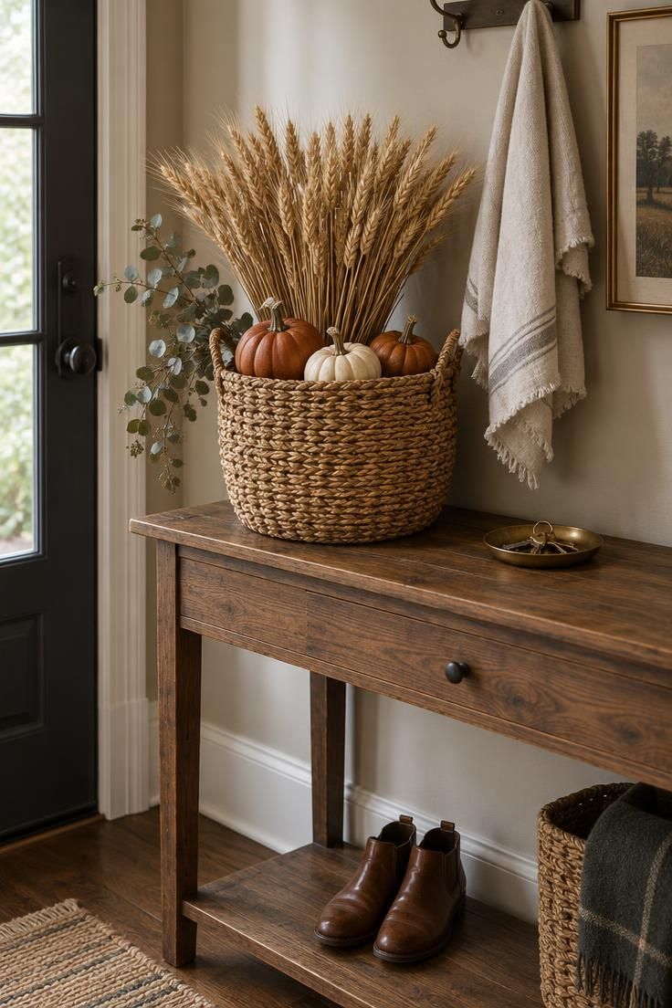 15 Warm Fall Thanksgiving Decor Ideas for a Cozy Small Home 1 A wide woven seagrass basket on a narrow wooden entry console holding tall dried wheat stems and three mini pumpkins, with a brass key dish beside it.