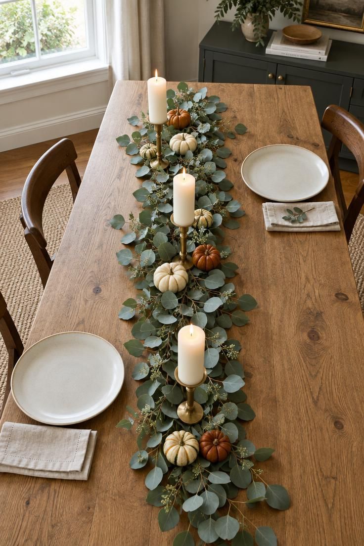 15 Warm Fall Thanksgiving Decor Ideas for a Cozy Small Home 2 An overhead view of an oak dining table with a dried eucalyptus runner, small cream and rust gourds tucked into the leaves, and three cream pillar candles in brass holders.