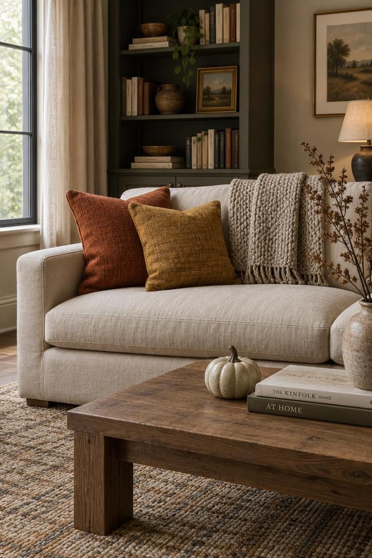 15 Warm Fall Thanksgiving Decor Ideas for a Cozy Small Home 3 A cream linen sofa with two rust and mustard throw pillows, a folded oatmeal chunky knit throw over the back, and a low coffee table with a ceramic pumpkin.