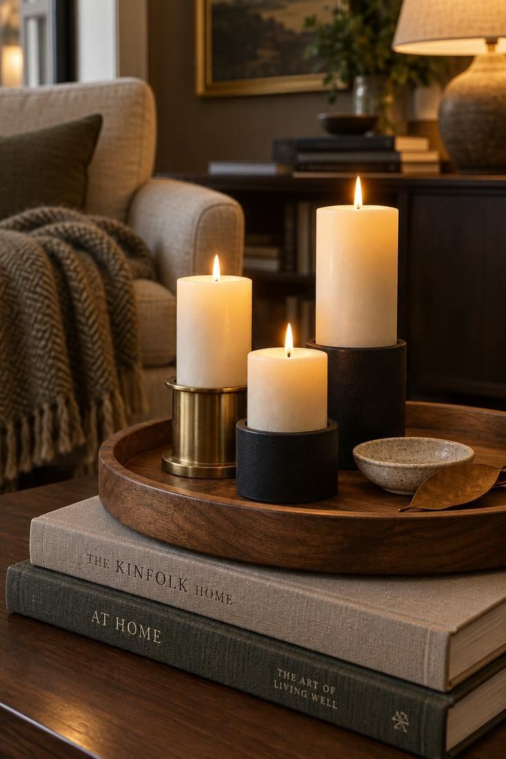 15 Warm Fall Thanksgiving Decor Ideas for a Cozy Small Home 4 A round wooden tray on stacked books holding three pillar candles in mixed heights, one in a brass holder and two in matte black holders, under warm golden light.