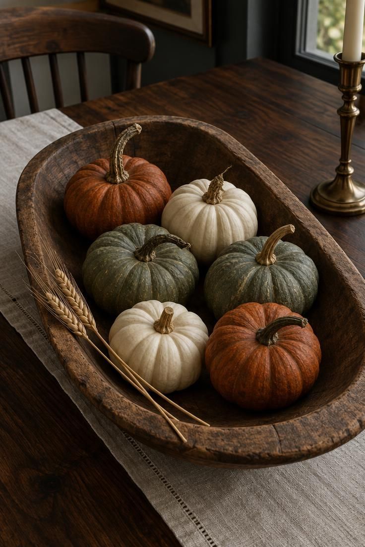 15 Warm Fall Thanksgiving Decor Ideas for a Cozy Small Home 5 A shallow wooden dough bowl filled with six mini pumpkins in rust, cream, and sage, with two dried wheat stems laid across one edge.