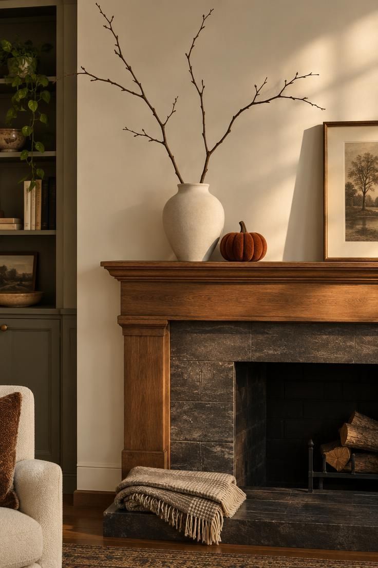 15 Warm Fall Thanksgiving Decor Ideas for a Cozy Small Home 6 A matte cream ceramic vase on a wooden mantel holding three tall curved bare branches, with a small rust pumpkin beside it.
