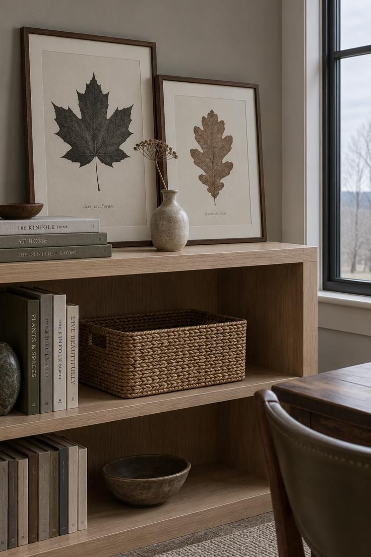 15 Warm Fall Thanksgiving Decor Ideas for a Cozy Small Home 7 A light oak open shelf with two framed botanical leaf prints leaning against the wall, a stoneware bud vase with a dried stem, and neutral books at one end.
