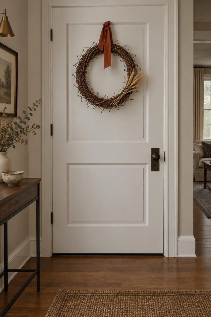 15 Warm Fall Thanksgiving Decor Ideas for a Cozy Small Home 8 A white interior door with a dried grapevine wreath at eye level, accented by a dried wheat sprig and a short rust ribbon tied at the top.