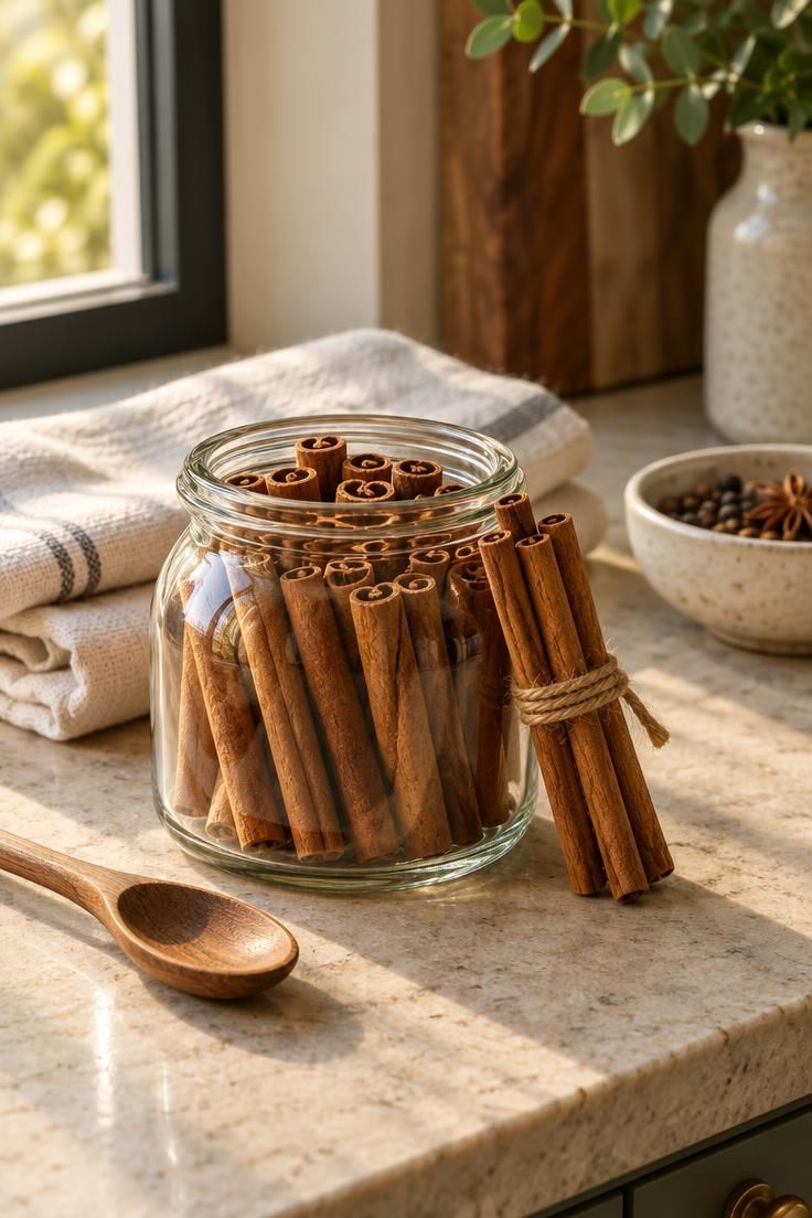 15 Warm Fall Thanksgiving Decor Ideas for a Cozy Small Home 9 A small glass jar filled with cinnamon sticks on a stone countertop, with a twine-tied bundle leaning against the rim and a folded cream towel behind.