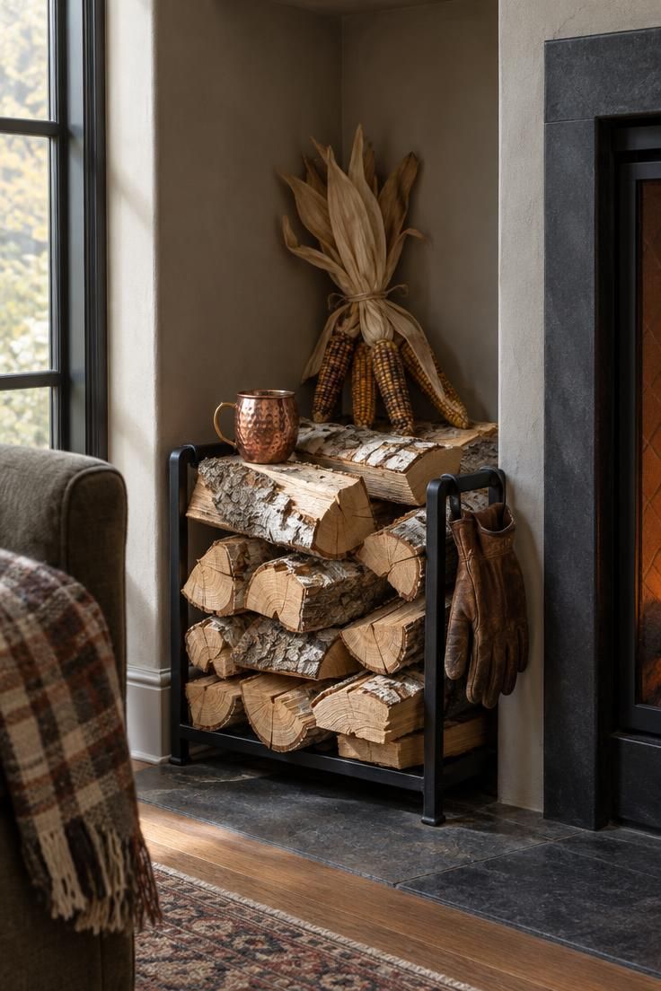 15 Warm Fall Thanksgiving Decor Ideas for a Cozy Small Home 10 A small living room firewood nook with split birch logs stacked in a crisscross pattern, a hammered copper mule mug on the wood, and a dried corn bundle leaning against the back wall.