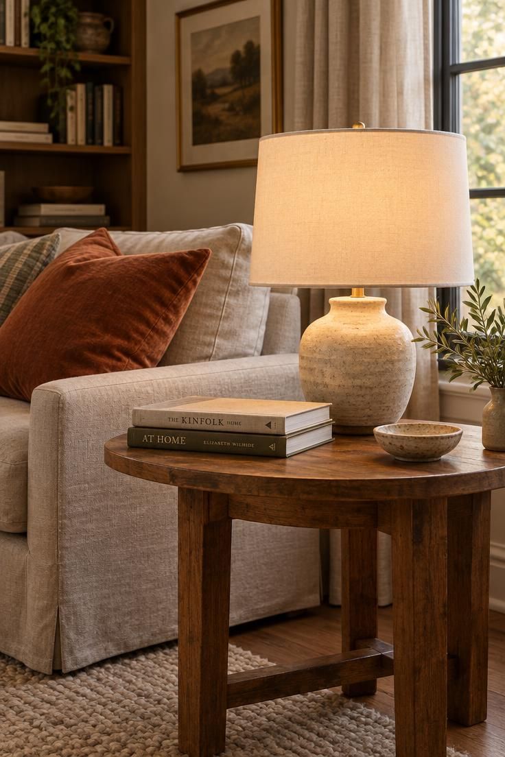 15 Warm Fall Thanksgiving Decor Ideas for a Cozy Small Home 11 A ceramic table lamp with a cream fabric drum shade on a wooden side table, with two books beside it and a rust pillow on a linen sofa behind.
