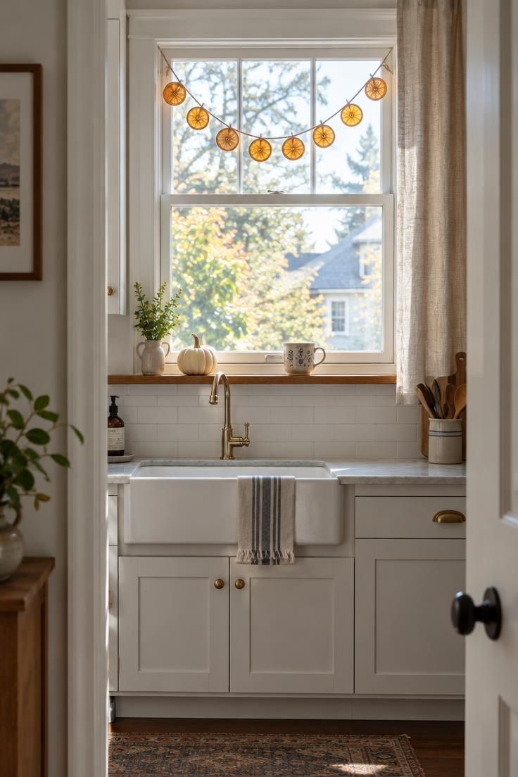 15 Warm Fall Thanksgiving Decor Ideas for a Cozy Small Home 12 A small kitchen window with a twine garland of dried orange slices hanging in a gentle curve, and a wooden sill with a white pumpkin below.