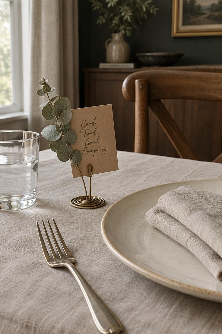 15 Warm Fall Thanksgiving Decor Ideas for a Cozy Small Home 13 A place setting with a small wire card holder holding a kraft card and dried eucalyptus sprig beside a cream plate and folded linen napkin.