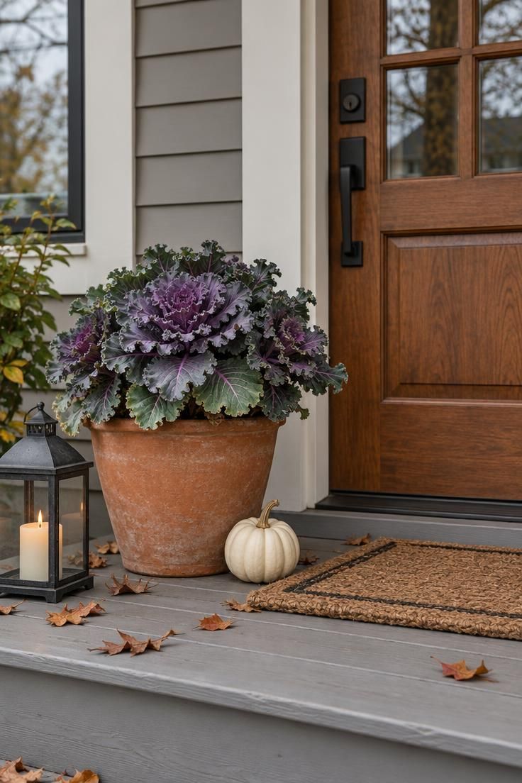 15 Warm Fall Thanksgiving Decor Ideas for a Cozy Small Home 14 A small front porch with a terracotta pot of purple and green ornamental kale, a white pumpkin at its base, and a woven doormat beside it.