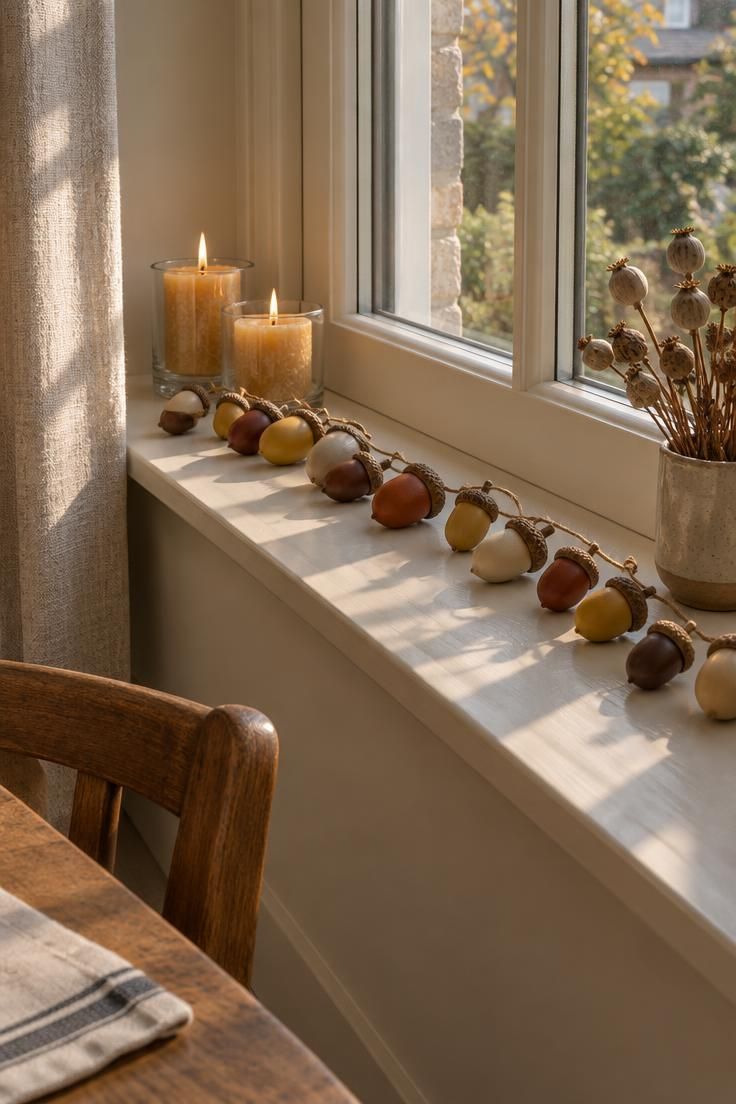 15 Warm Fall Thanksgiving Decor Ideas for a Cozy Small Home 15 A painted acorn garland in warm fall colors along a cream windowsill with small beeswax pillars and a cup of dried seed pods.