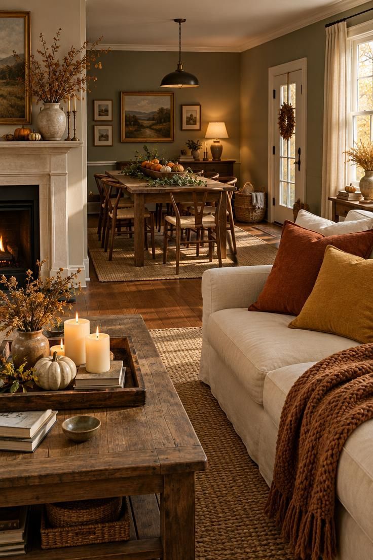 Simple Spaces 26 A cozy small living and dining space styled for fall with rust and mustard pillows, a chunky knit throw, a candle tray, a mini pumpkin dough bowl centerpiece, and dried branches on the mantel.