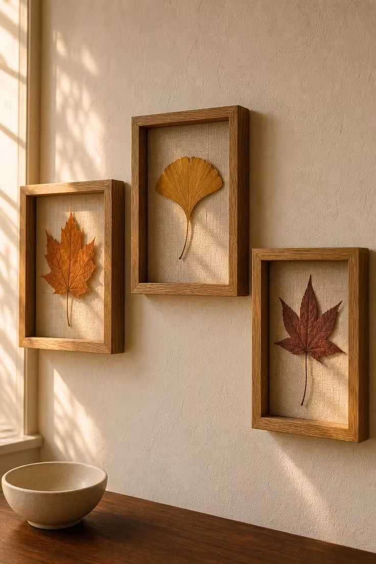 Three oak-framed shadowboxes with pressed autumn leaves mounted in a staggered row on a white plaster wall in warm golden light.