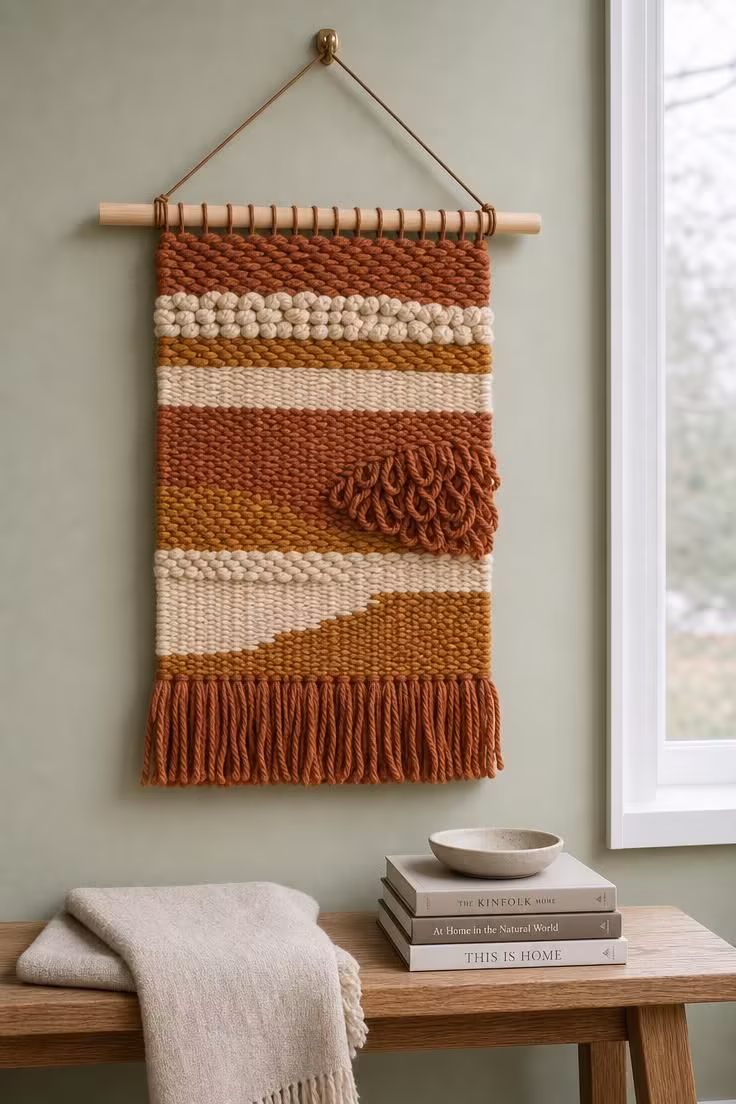 A hand-woven wool wall panel in rust and ochre yarn hanging from a maple dowel rod on a sage green wall in cool overcast light.