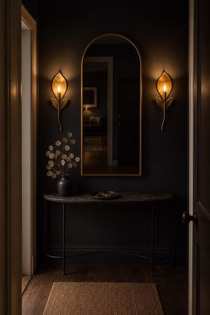 Two brass leaf-shaped wall sconces flanking an arched mirror on a charcoal wall in moody low evening light.