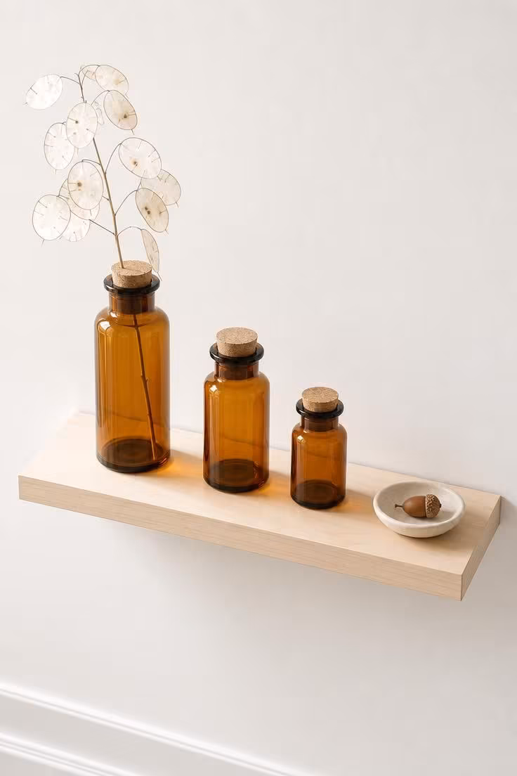 A birch floating shelf with three amber glass apothecary jars and a dried lunaria stem in bright midday light.