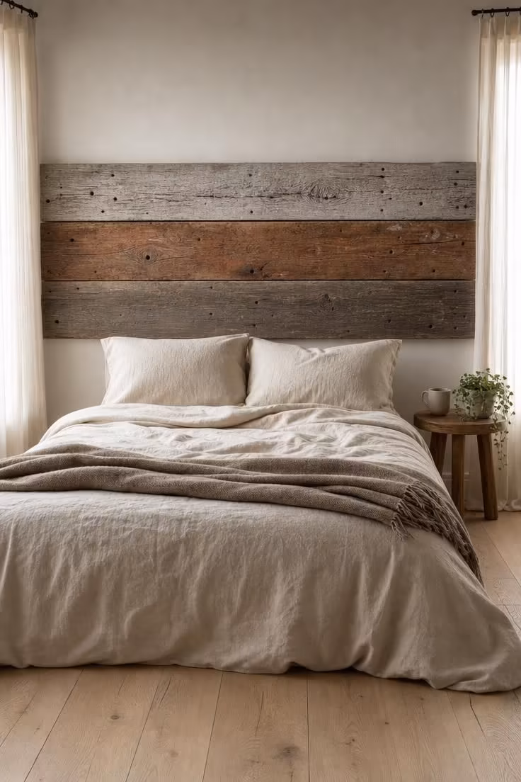 Three reclaimed barn boards in weathered tones mounted horizontally behind a bed with cream linen sheets in soft diffused light.
