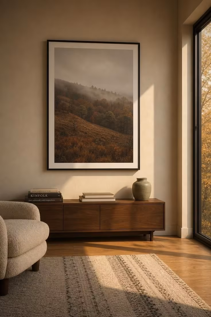 An oversized moody autumn landscape print in a thin black frame on an ivory wall above a walnut credenza in warm golden light.