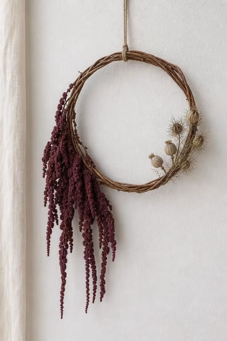 A grapevine hoop with dried burgundy amaranth and seed pod clusters hanging on a white textured wall in cool overcast light.