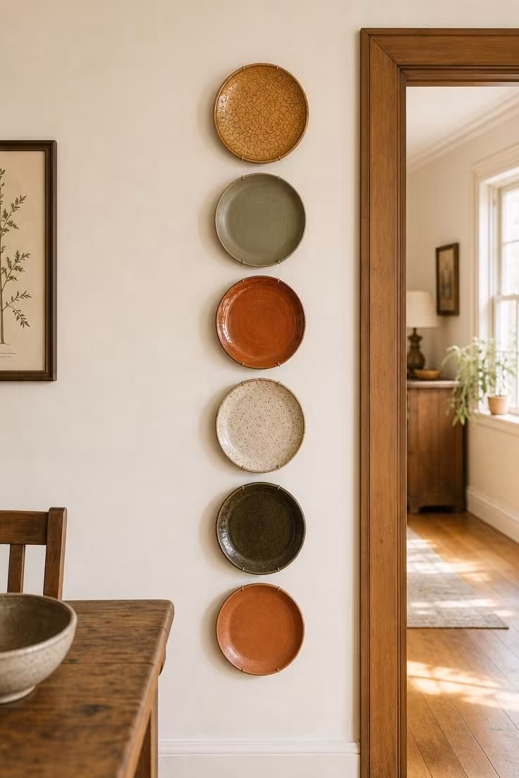 Six vintage plates in autumn glazes arranged in a vertical line on a linen-white dining room wall in bright midday light.